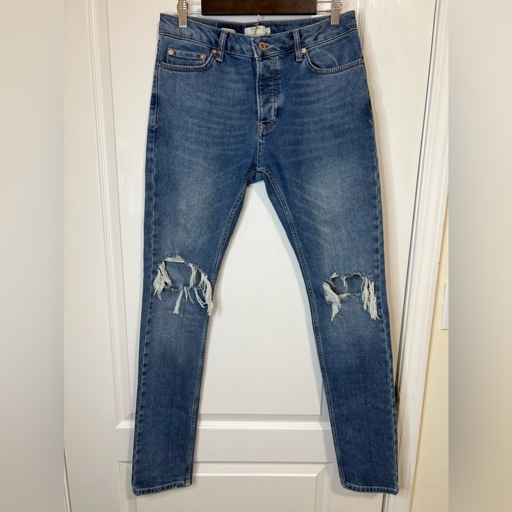 Topman Stretch Skinny Distressed Jeans Medium Wash (32L, but more like 28L)
